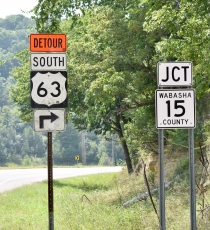 A detour sign south of Lake City directs southbound Highway 63 traffic onto Wabasha County Road 15.
